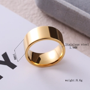Polished 10mm wide 18K gold plated stainless steel flat ring with minimalist mirror finish