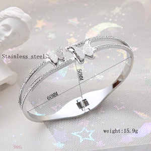 Frosted double butterfly stainless steel open bracelet with diamonds for women