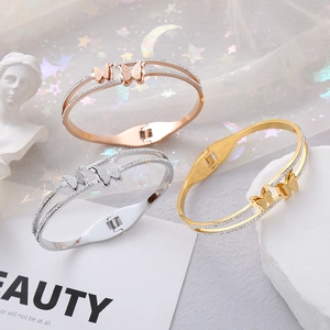 Frosted Double Butterfly Stainless Steel Open Cuff Bangle With Zirconia Simple Fashion Jewelry For Women Stylish Gift
