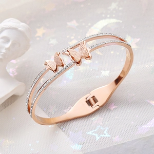 Rose gold double butterfly frosted open bangle with sparkling rhinestones for women