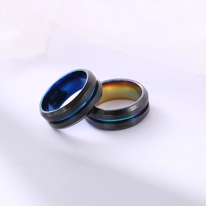 Black brushed 8mm stainless steel rings with blue and rainbow interior grooves