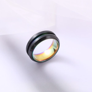 8mm black matte stainless steel ring with rainbow inner wall and center groove detail