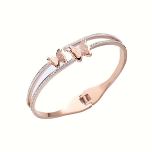 Rose gold stainless steel butterfly open bracelet with frosted finish and crystals