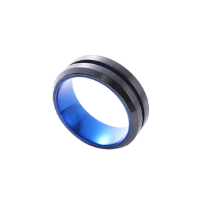 Black brushed stainless steel ring with blue interior and double beveled edges