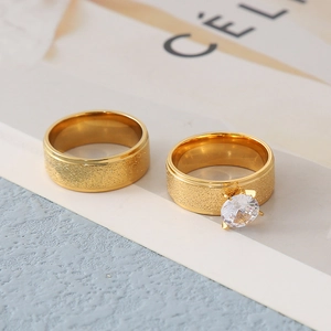 Frosted gold stainless steel couple rings set with round cubic zirconia stone
