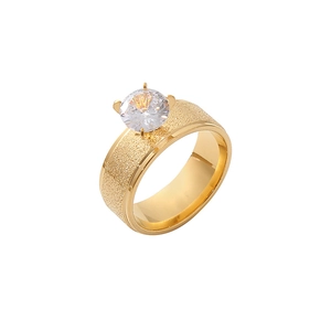 Gold matte stainless steel couple ring with a sparkling round zircon setting for weddings