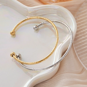 Minimalist Stainless Steel Open Cuff Bangle For Women Spiral Pattern C Shape Bracelet Ball Ends Gold Silver Hand Jewelry