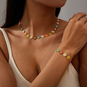 Bohemian Colorful Enamel Daisy Flower Necklace And Bracelet Titanium Steel Sunflower Heart Star Charm Jewelry For Women