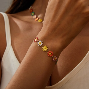 Colorful enamel daisy necklace and bracelet jewelry set for women in golden finish