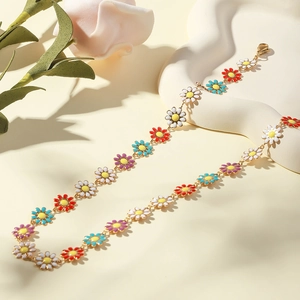 Colorful enamel daisy flower necklace with gold stainless steel chain for women