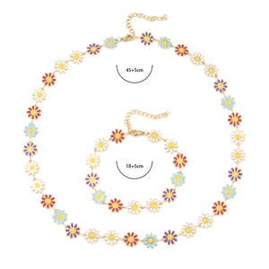 Colorful daisy enamel jewelry set with gold stainless steel necklace and bracelet pieces