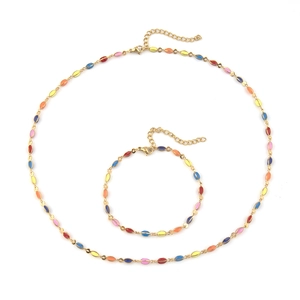 Colorful enamel daisy necklace and bracelet set in gold-finished stainless steel