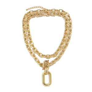 Gold double-layer chain necklace with OT buckle and oval pendant for women