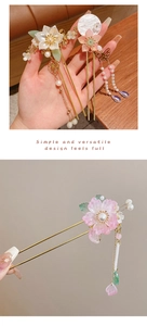 Detailed view of handmade flower hairpins with pearls and tassels for Hanfu styling