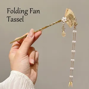 Elegant Chinese gold fan hair stick with tassel and pearls for traditional Hanfu styling