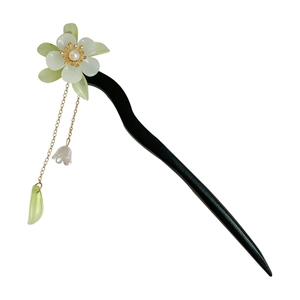 Modern black wood hair pin with white jade petals and gold tassels for Hanfu styling