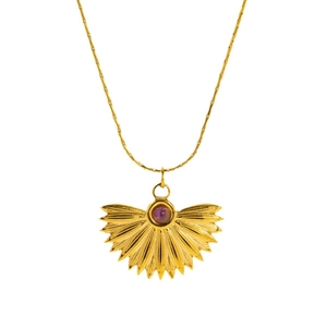 Collier pendentif éventail bohème doré avec motif soleil et pierre précieuse violette