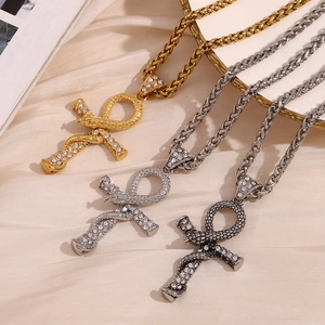 Hip hop snake Ankh pendant necklace in gold and silver plating with cubic zirconia crystals
