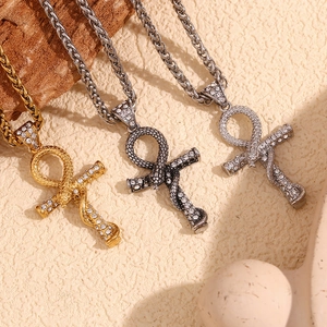 Three snake Ankh cross pendants in gold, silver, and black finishes with wheat chains