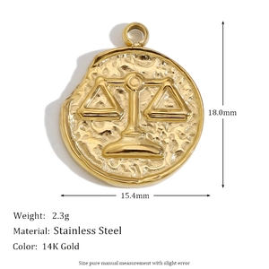Retro embossed Libra zodiac pendant in 14K gold plated stainless steel with dimensions