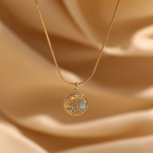 18K gold plated compass pendant necklace with blue crystals on snake chain