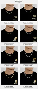 Size guide showing 3mm to 6mm width comparison of gold and silver rope chains on neck
