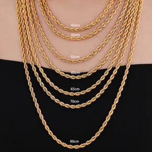 Size chart showing stainless steel gold rope chain lengths from 45cm to 80cm on a model