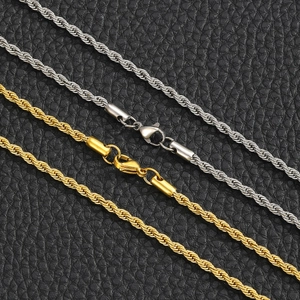 Polished stainless steel rope chains in gold and silver with secure lobster clasp