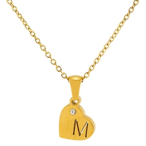 Collier pendentif cœur doré avec gravure lettre M et strass brillant incrusté