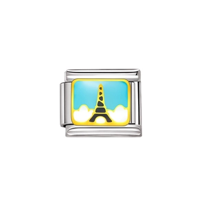 Macro d'un lien modulaire en acier avec détail en émail de la Tour Eiffel à Paris