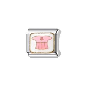 Détail du charme modulaire en acier inoxydable avec motif robe rose pour bracelet DIY