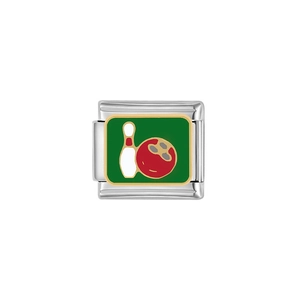 Détail du maillon italien en acier inoxydable avec motif bowling vert et quille