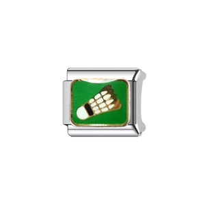 Charm modulaire en acier poli avec fond vert et motif de volant de badminton blanc