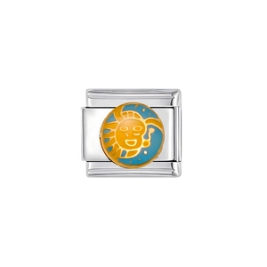 Détail d'un charm italien en acier inoxydable avec motif émaillé soleil et lune