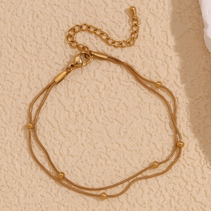 Double-layered 18K gold plated stainless steel anklet with snake chains and beads