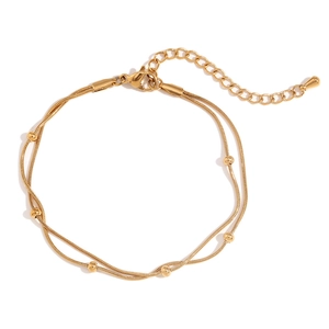 Double-layered 18K gold plated stainless steel snake chain anklet with round beads