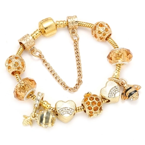 Gold Plated Alloy Honey Bee Charm Bracelet For Women Amber Glass Beads Heart Rhinestone Inlaid Snake Chain DIY Jewelry