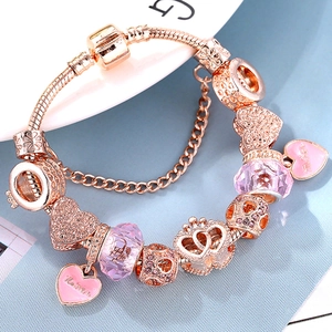 Rose Gold Heart Mother Charm Bracelet Austrian Crystal Rhinestone Beads European Style Jewelry Women Mother Day Gift