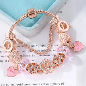 Rose gold snake chain bracelet with Mother heart charm and pink Austrian crystal beads