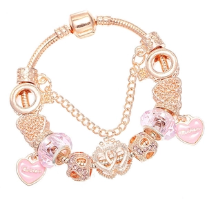Rose gold snake chain bracelet featuring Mother heart charm and pink crystal beads