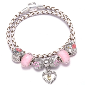 Women Double Wrap White Braided Leather Charm Bracelet With Heart Pendant Pink Glass Flower Beads Romantic Fashion Jewelry