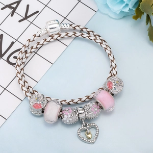 Double-wrap woven leather bracelet with pink crystal beads and zircon heart pendant