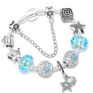 Ocean Style Charm Bracelet For Women Heart Mamma Pendant Light Blue Beads Starfish Shell Alloy Rhinestone Jewelry Bracelet