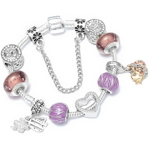Silver Snake Chain Beaded Bracelet With Purple Pink Glass Beads Heart Ladybug Clover Pendants DIY Fashion Jewelry For Women