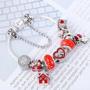 Winter snowman and red heart charm bracelet with festive silver snake chain