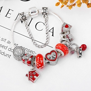 Red heart charm bracelet with silver snake chain and festive enamel beads decoration