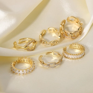 Adjustable 6-piece vintage gold-plated ring set with zircon inlay and chain link designs