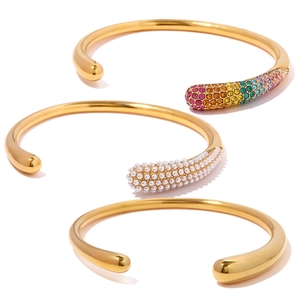 18K gold plated titanium steel bangle set with pearls and rainbow crystals for women