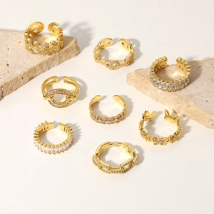 Detailed set of 18K gold plated brass rings featuring leaf and butterfly zircon designs