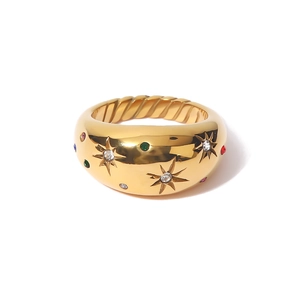 French vintage gold plated star ring with colorful zirconia and twisted rope texture